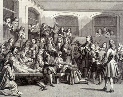 Jansenisme: krampetrekningene på kirkegården Saint-Médard på graven til diakon Parîs (1690 - 1727) hvor "mirakler" skjedde. 1700-tallstrykk. av French School