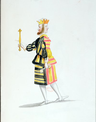 Janus-kostyme for Ballet de la Nuit av Jean-Baptise Lully (1632-87) danset av Louis XIV, 23. februar 1653 (wc på papir) av French School
