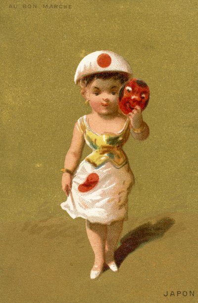 Japansk jente, fra en serie illustrasjoner av barn fra forskjellige land, produsert som salgsfremmende kort for Bon Marché Department Store i Paris, ca. 1890 av French School