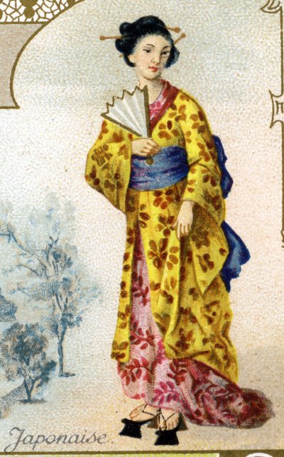 Japansk kvinne. Utgave den parisiske litografien, slutten av 1800-tallet. Serie med 25 reklamekromoer for Dijon-produksjonen av Biscuits Pernot, laget i 1869. Detalj av karakterene i tradisjonell drakt av French School