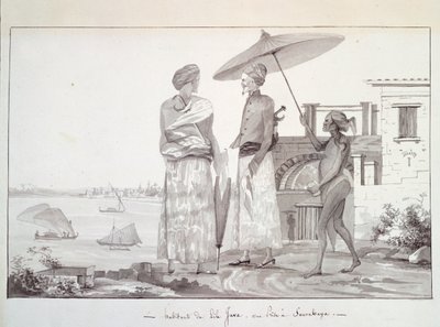 Java Island Inhabitants på vei til Surabaya, Illustrasjon fra Reise jorden rundt av Louis Isidore Duperrey, av L F Lejeune av French School