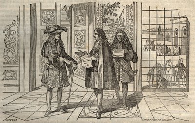 Jean Baptiste Colbert (Jean-Baptiste) (1619-1683) i møte med kong Ludvig XIV og Francois Louvois (1641-1691) i Versailles - gravering etter Leclerc - av French School