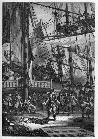 Jean Bart dreper den nederlandske kapteinen på 'Neptun' - Jean Bart (1650-1702) dreper den nederlandske kapteinen på Neptun - gravering fra "" L'histoire de France contee à mes grandenfants" - av Francois Guizot - 1872-1876 av French School