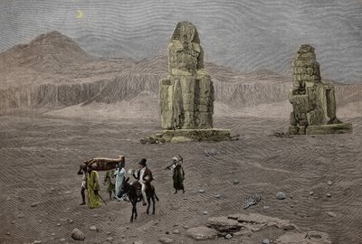 Jean Francois Champollion ved Memnon-kolossene, Egypt (gravering) av French School