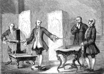 Jean JALLABERT (1712-1768), sveitsisk fysiker, oppdager elektrisitet på skarpe gjenstander (Power of the Pointe av FRANKLIN). gravering 1867 av French School