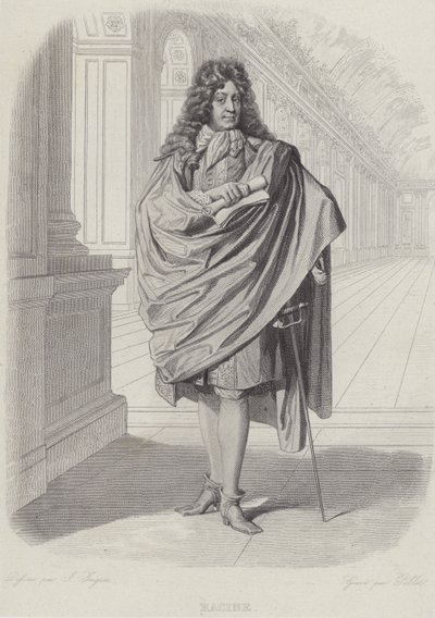 Jean Racine , fransk dramatiker, i Speilsalen i Versailles (gravering) av French School