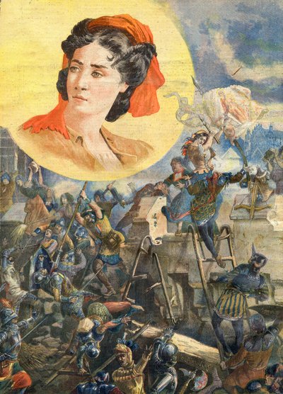 Jeanne Laisne (1456-?) , known as Jeanne Fourquet, nicknamed Jeanne Hachette Heroine francaise - Jeanne Hachette at the Siege of Beauvais 1472 - Illustration for Le petit Journal, 8 January 1894 av French School