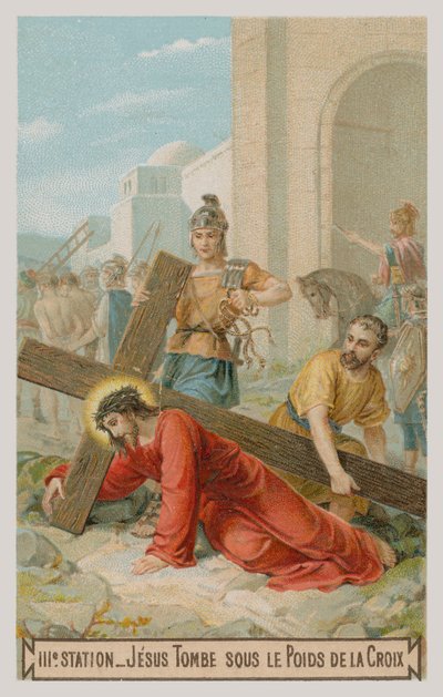 Jesus faller for første gang under tyngden av korset. Den tredje korsstasjonen av French School