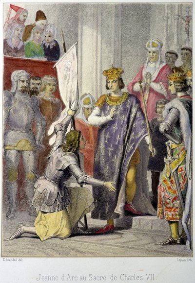 Jeanne d'Arc ved kroningen av Charles VII - litografi av French School