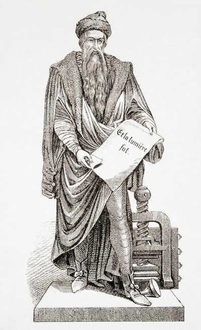 Johannes Gutenberg, fra Ancient and Modern Universal History, utgitt i Strasbourg ca. 1860 (gravering) av French School