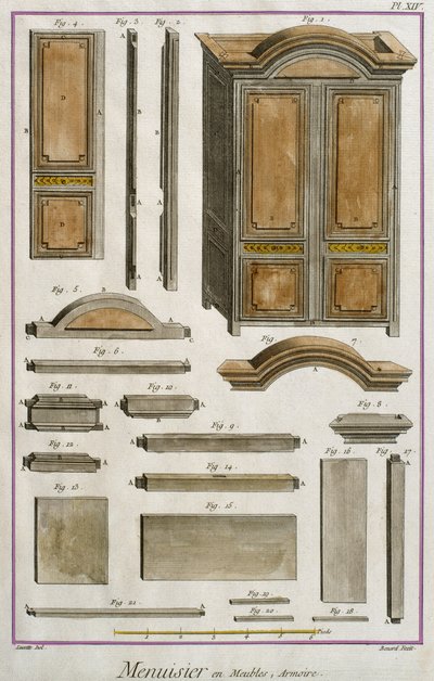 Joiner, et skap, illustrasjon fra Encyclopedie des Sciences et Metiers av Denis Diderot (1713-84) gravert av Robert Benard (fl.1734) utgitt ca. 1770 (fargegravering) av French School