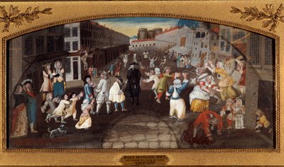 Vitser fra gatene i Paris: Rue Saint-Antoine. - "" Les farces des rues de Paris: la rue du faubourg Saint Antoine a Paris"" Forbipasserende, voksne og barn, underholder og slåss. I bakgrunnen ser vi Bastille-fengselet. Maleri (for de av French School