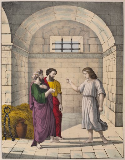 Joseph i fengsel som forklarer drømmene til sjefsbakeren og hovmesteren, illustrasjon fra en katekisme LHistoire Sainte, utgitt av Charles Delagrave, Paris, sent på 1800-tallet av French School
