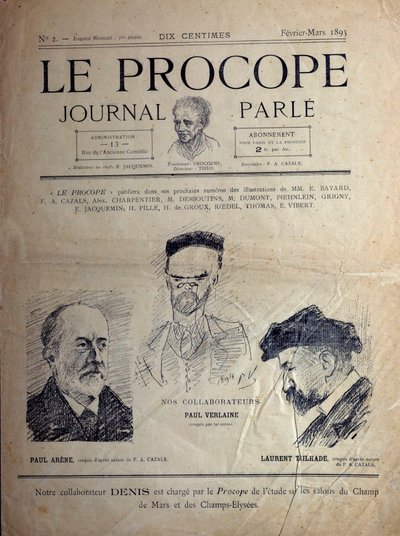 Journal du Proope, Parisisk kafé, februar 1895: portretter av de franske poetene Paul Verlaine, Paul Arene og Laurent Tailhade. av French School