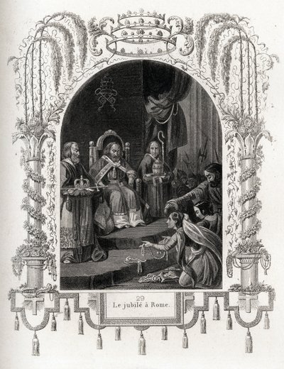 Jubileum i Roma i 1450, under pontifikatet til Nicholas V (1447-1455). Gravering for å illustrere Histoire des popes av Maurice Lachatre (1814-1900), librairie du progres, Paris. av French School