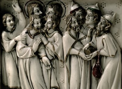 Judas mottar tretti sølvstykker, detalj av elfenbensdiptyk, fransk av French School