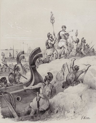 Julius Caesar og romerne lander i Kent i deres første invasjon av Storbritannia, 55 f.Kr. (litho) av French School