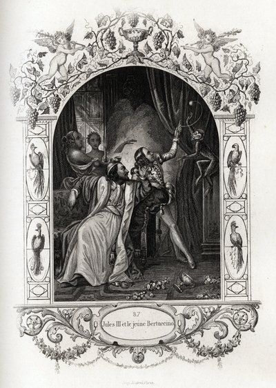 Julius III (julius eller Iulius eller Giulio) (pave fra 1550 til 1555) og den unge Bertuccino, apeshowet. Gravering for å illustrere Histoire des popes av Maurice Lachatre (1814-1900), librairie du progres, Paris. av French School