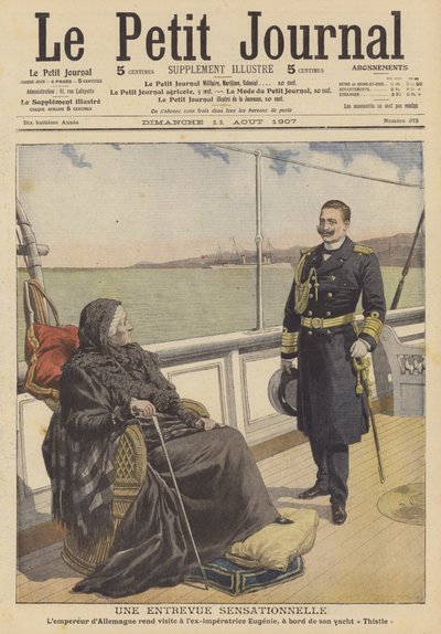 Kaiser Wilhelm II av Tyskland besøker eks-keiserinne Eugenie, enken etter Napoleon III av Frankrike, på yachten hennes Thistle (farge litho) av French School