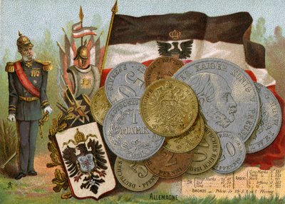 Kaiser Wilhelm I står ved siden av flagget til kongeriket Preussen og en visning av tyske tyske mark, ca. 1890 av French School