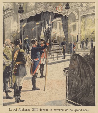 Kong Alfonso XIII av Spania foran kisten til bestemoren sin, dronning Isabella II (fargelitografi) av French School