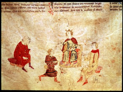 Kong Arthur på sin trone omgitt av sine rådgivere, fra Roman de Meliadus av French School