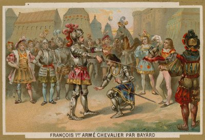 Kong Charles I av Frankrike slått til ridder av Chevalier de Bayard etter slaget ved Marignano, 1515 av French School
