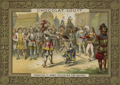 Kong Charles I av Frankrike slått til ridder av Chevalier de Bayard etter slaget ved Marignano, 1515 av French School