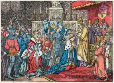 Kong Charles VII (1403-1461) mottar kronen i katedralen i Reims 17.07.1429 i nærvær av Jeanne d