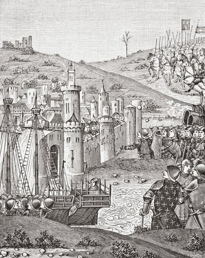 Kong Charles VII, etter å ha sluttet i Rouen, legger ut for å beleire byen Harfleur, etter en miniatyr fra 1400-tallets manuskript Chroniques de Monstrelet, fra Science and Literature in The Middle Ages av puben Paul Lacroix. London 1878 av French School