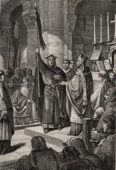 Kong Louis VII (1120-1180) tar oriflamen ved basilikaen Saint Denis (Saint Denis) i nærvær av dronning Alienor av Aquitaine og mottar humla og pannetiere av pelerin fra hendene til pave Eugene III (? -1153) før hans avgang av French School