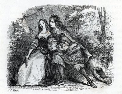 Kong Louis XIV (1638-1715) og hans elskerinne Louise de La Valliere (1644-1710) - (gravering) 1846 av French School