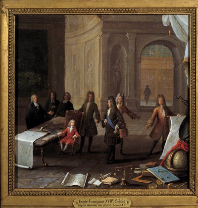 Kong Louis XV (1710-1774) barn som mottar en lekon i nærvær av kardinal Fleury og regent Philip II hertug av Orleans (1674-1723) Anonymt maleri fra 1700-tallet, olje på kobber Dim. 0,23 x 0,23 m Paris, Musee Carnavalet - Undervisningens scene for chi av French School