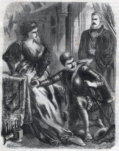 King Philip II (1527-1598) surprises his son, Prince Don Carlos (1545-1568), trying to violate his mother-in-law (stepmother), Queen Elisabeth (1545-1568) (Elisabeth of France or Isabelle of Valois), January 17 av French School