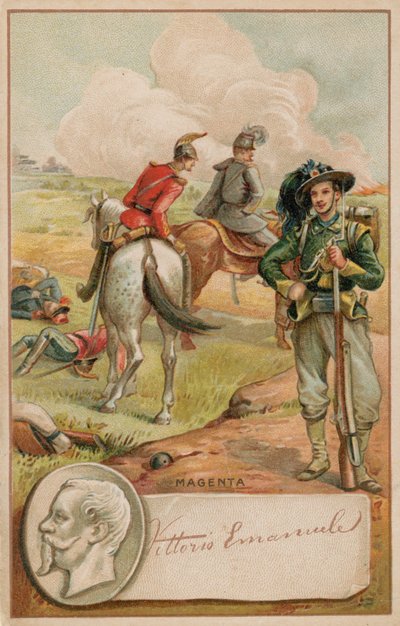 Kong Victor Emmanuel av Italia og slagmarken Magenta av French School