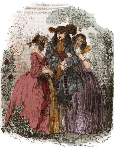 Konge av Frankrike Ludvig XIV (1638-1715) med Hortense Mancini (1646-1699) og hans søster Marie Mancini (1639-1715). Nieser av Mazarin. Gravering fra 1800-tallet. av French School