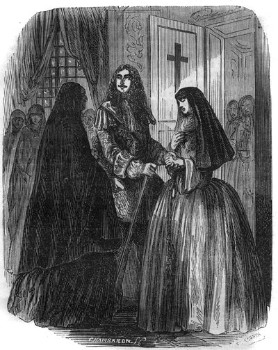 Konge av Frankrike Louis XIV (1638-1715) med Louise Francoise de la Valliere (1644 - 1710). Gravering av 1800-tallet. av French School