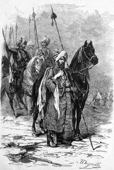 Kurdiske soldater i 1877 under Østkrigen (1875-1878) også kalt den tyrkiske Russo-krigen (russo-tyrkisk). Gravering i "" Le Monde Illustré"" nr. 1055 av 30. juni av French School