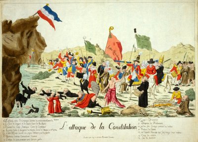 Angrep på grunnloven, pub. 1792 (håndfarget gravering) av French School