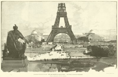 Verdensutstillingen i 1889, tilstanden til Champ de Mars-verkene, utsikt tatt fra Trocadero-palasset, ifølge fotografiet av MH-C Godefroy (gravering) av French School