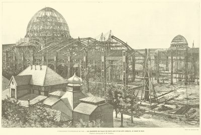 Verdensutstillingen fra 1889, The Frameworks of the Palace of Fine Arts and Liberal Arts, på Champ de Mars, ifølge fotografiet av M Godefroy (gravering) av French School