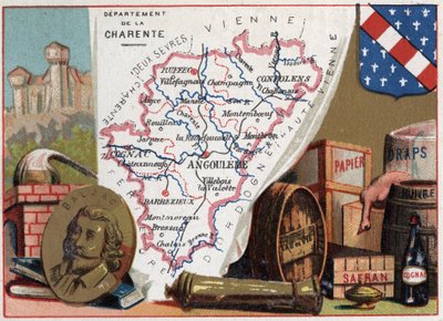 La Charente (16), Poitou-Charentes (Poitou Charentes), Frankrike. Portrett av Honore de Balzac (1799-1850), fransk forfatter. Lokal spesialitet: konjakk, safran, papir, ark, olje, konjakk. Serie om de franske avdelingene. Chromolithography (Chromo) "" geog av French School