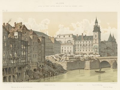La Cite, mellom Pont Notre-Dame og Pont au Change, 1800 av French School