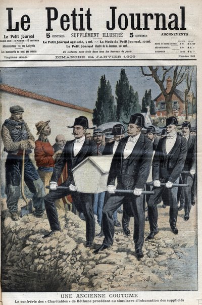 La Confrerie des Charitables de Saint Eloi (Saint-Eloi) de Bethune proceeding to the simulacre of burial of supplicies after the execution of the band in Pollet, guillotines on January 11 - “” Le Petite Journal”” of January 24 av French School