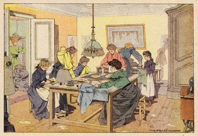 La Couturiere, The Couturier (farge litho) av French School
