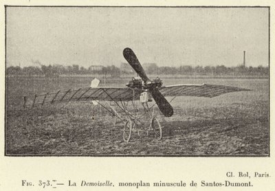La Demoiselle, lite monoplan av Santos-Dumont (gravering) av French School
