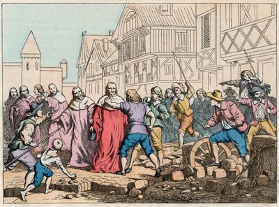 La Fronde (27. august 1648) - barrikader i Paris: en rotorgutt som truer parlamentets president Mathieu Mole (1584-1656) - President Mole håndtert av opprørere - Gravering av slutten av 1800-tallet i "" Nos Gires Nationales - Bilder og resi av French School