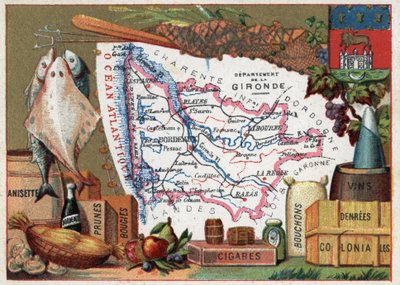 La Gironde (33), Aquitaine, Frankrike. Lokal spesialitet: fisk, anisett, Bordeaux-vin, plommer, stearinlys, sigarer, korker og kolonimat. Serie om de franske avdelingene. Chromolithography (Chromo) "" den geografiske tråden"", ca 1920. Privat samling. av French School
