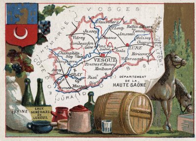 Haute-Saone (Haute Saone, 70), Franche Comte (Franche-Comte), Frankrike. Mel, Luxeuil Minerales, kirschwasser (kirsch). Serie om de franske avdelingene. Chromolithography (Chromo) "" den geografiske tråden"", ca 1920. Privat samling. av French School