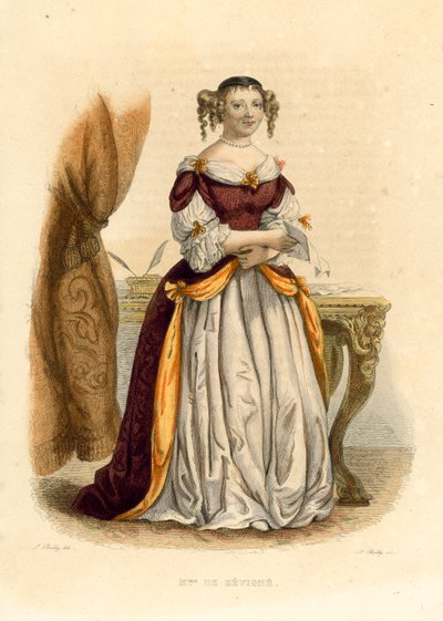 La Marquise de Sevigne (farget gravering) av French School